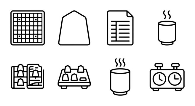 Japanese Shogi Board Game Icons, Tea Cups, Timer, and Game Pieces Vector Set