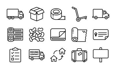 Moving Company Icons, Logistics & Delivery Vector Set: Trucks, Boxes, Tape, Suitcase © Liza