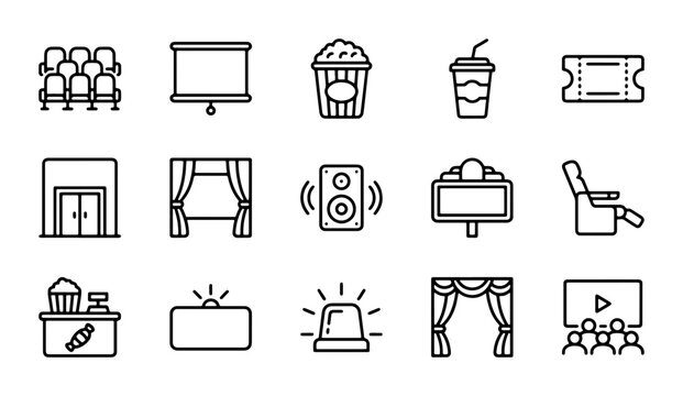 Cinema Icons Set: Movie Theater, Popcorn, Tickets, Seats, Screen, Projector, Film Reel, Auditorium