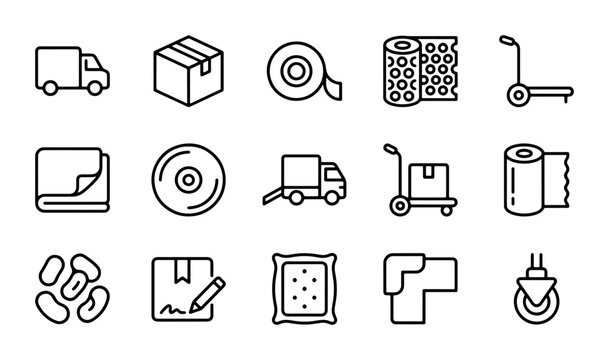 Logistics Icons Set, Delivery Truck, Package, Tape, Roll, Cart, CD, Frame, Corner, Shipping Vector Graphics