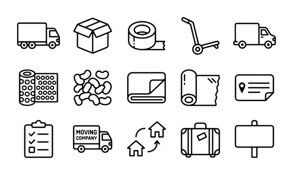 Moving Company Icons, Logistics & Delivery Vector Set: Trucks, Boxes, Tape, Suitcase