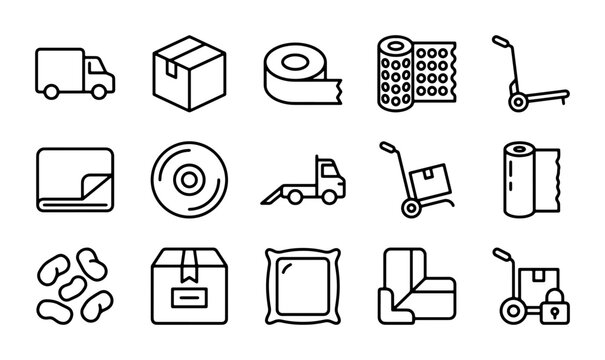 Moving Icons Set: Logistics, Delivery Trucks, Boxes, Furniture, and Packing Supplies Vector Graphics