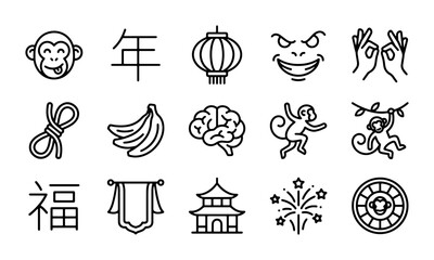Chinese Zodiac Monkey Icons, Lunar New Year Symbols, Vector Set for Festive Celebrations © Liza