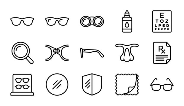 Optometry Icons Set: Eyeglasses, Binoculars, Eye Chart, Magnifier, Rx, 15 Vector Elements