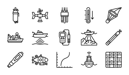 Oceanographic Instruments and Buoys, Marine Research Equipment Icons, Scientific Measurement Devices Set © Saiful