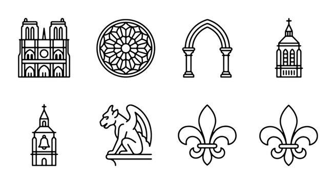 Gothic Architecture Icons: Notre Dame, Gargoyle, Rose Window, Fleur-de-lis, Arches