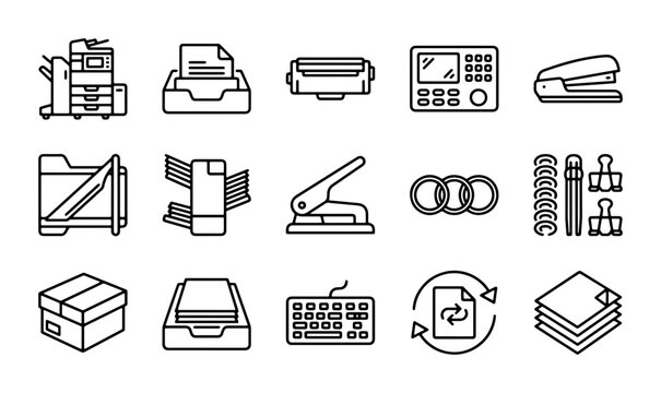 Office Equipment Icons, Business Technology Vector Set, Stationery Supplies Collection