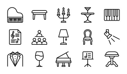 Elegant Music & Performance Icons: Grand Piano, Candelabra, Stage Lights, Tuxedo, Wine Glass © Ariful