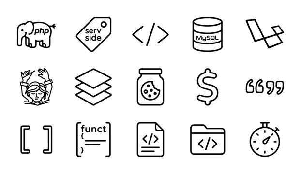 Web Development Icons Set: PHP, MySQL, Laravel, Code, Data, and More