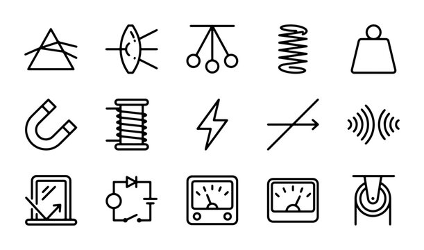Physics Icons Set: Science, Electricity, Magnetism, Optics, Mechanics Symbols