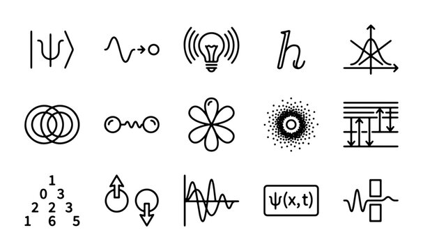 Quantum Physics Icons, Science Symbols, Wave Function, Energy Levels, Light Bulb, Planck Constant