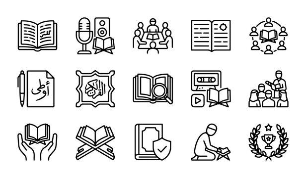 Islamic Education Icons: Quran Study, Prayer, Learning Groups, Arabic Text, 15 Vector Elements