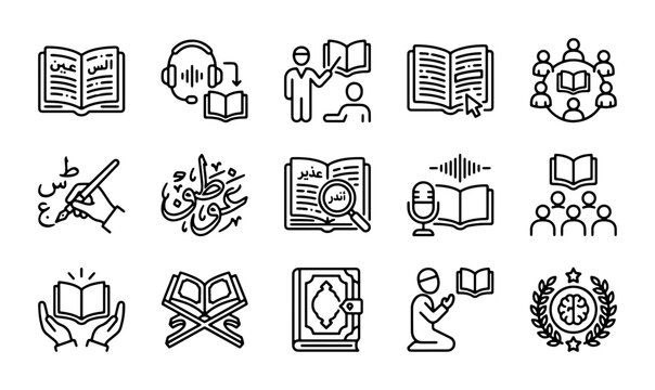Islamic Education Icons, Quran Study Symbols, Arabic Calligraphy Graphics, Religious Learning Vector Set