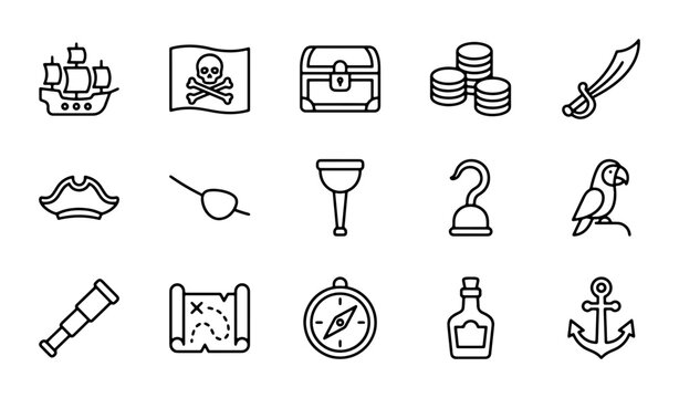 Pirate Icons Set: Treasure Map, Ship, Skull Flag, Compass, Parrot, Chest, Sword, Spyglass, Anchor