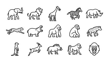 African Safari Animal Icons Set, Wildlife Vector Graphics Collection, Zoo Creatures Line Art © Imran