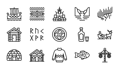 Nordic Icons Set: Viking Ship, Aurora Borealis, Igloo, Traditional Patterns, Food & Drink © Imran