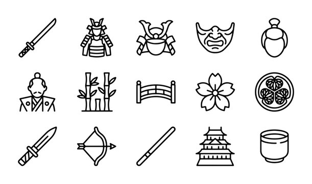 Japanese Samurai Icons, Traditional Culture Symbols, Vector Graphics Set