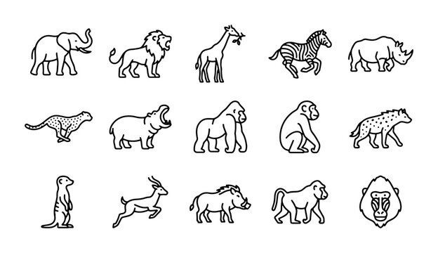African Safari Animal Icons, Vector Set: Lion, Elephant, Giraffe, Zebra, Rhino, Cheetah, Hippo, Gorilla, Monkey, Hyena, Meerkat, Antelope, Warthog