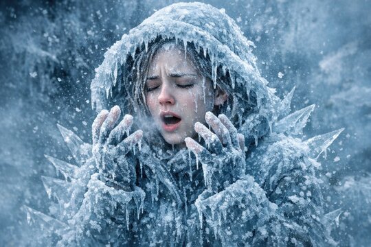 A person covered in snow and ice, possible winter scene or extreme cold weather