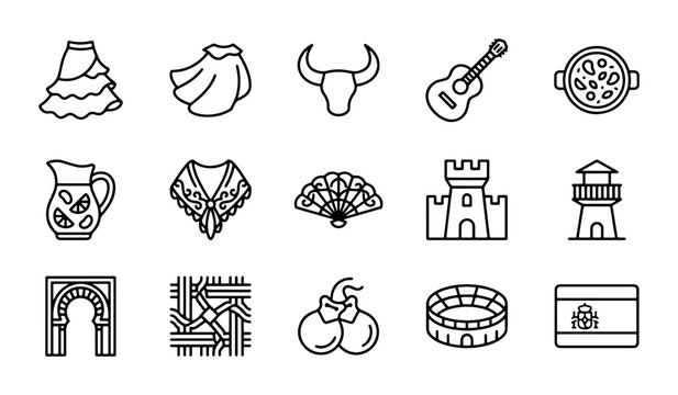 Spanish Culture Icons Set: Flamenco, Bullfighting, Architecture, Food, Music, Travel