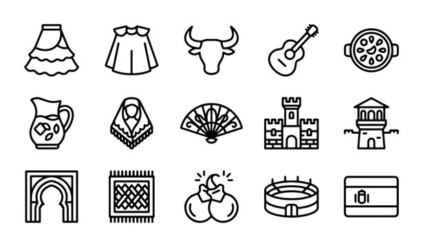 Spanish Culture Icons Set: Flamenco, Bullfighting, Architecture, Food, Music Vector Graphics