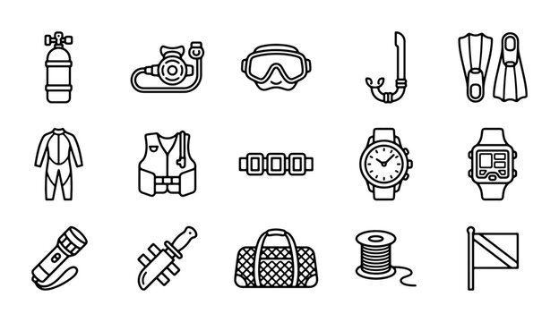 Scuba Diving Gear Icons, Underwater Equipment Set, Vector Symbols for Aquatic Sports and Exploration