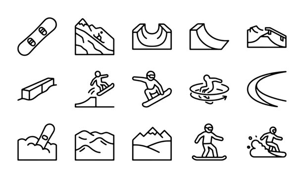 Snowboarding Icons Set: Winter Sports, Snowboarder, Mountain, Park Features, Action Vector Graphics
