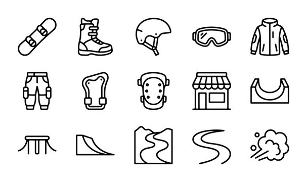 Winter Sports Icons Set: Snowboard, Gear, Ramps, and Powder Snow Graphics