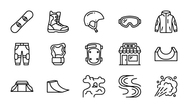 Snowboarding Gear Icons, Winter Sports Equipment Vector Set, Action Sports Symbols Collection