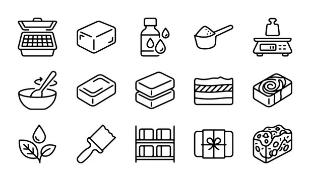 Handmade Soap Making Icons: Ingredients, Tools, and Process Vector Set