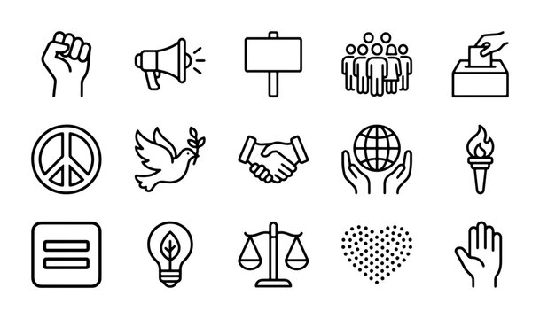 Social Justice Icons Set: Equality, Peace, Human Rights, Protest, Voting, Global Unity