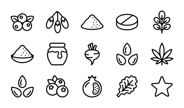 Superfood Icons Set: Berries, Seeds, Pomegranate, Leaf, Star, Pill, Honey