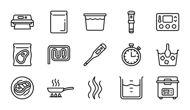 Sous Vide Cooking Icons: Precision Kitchen Gadgets, Food Preparation Tools, Culinary Equipment Set