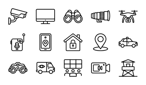Security Icons Set: Surveillance Cameras, Drones, Binoculars, GPS, Guard Tower Vector Icons