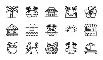 Tropical Island Icons Set: Beach, Palm Trees, Resort, Vacation, Summer Holiday Travel © Rima