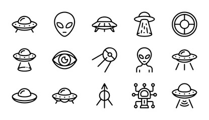 Alien UFO Icons, Extraterrestrial Spaceship Symbols, Sci-Fi Vector Graphics Set © Rima