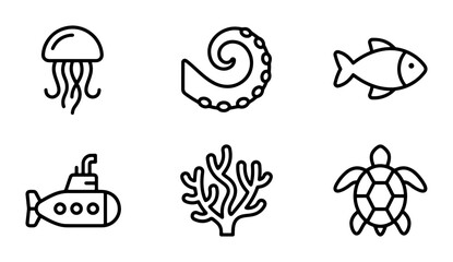 Ocean Life Icons Set, Marine Animals and Underwater Objects Vector Graphics, Simple Nautical Symbols © Rima