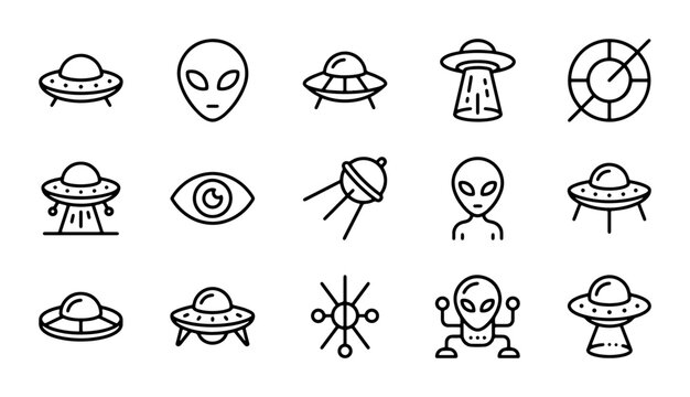 Alien UFO Icons, Extraterrestrial Symbols, Spacecraft Vector Graphics, Sci-Fi Elements