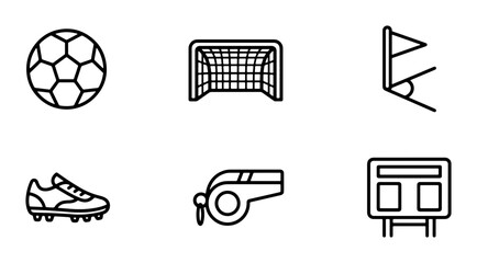Soccer Icons Set: Ball, Goal, Cleats, Whistle, Scoreboard, Corner Flag Vector Graphics © Anika