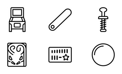 Pinball Machine Icons, Retro Arcade Game Elements, Vintage Flippers and Balls Vector Set © Anika
