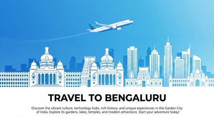 Obraz premium Travel advertising with travel to Bengaluru, India concept with panorama view of city skyline and world famous landmarks in paper cut style vector illustration.