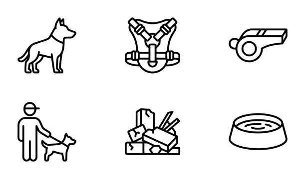 Dog Training Icons Set: Leash, Harness, Whistle, Bowl, Handler, Equipment Vector Graphics
