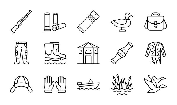 Hunting Icons Set: Duck, Shotgun, Gear, and Camouflage Vector Graphics for Outdoor Pursuits