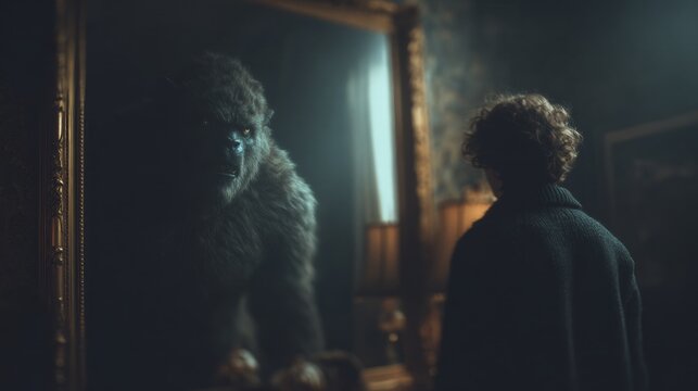 Man sees monstrous reflection in ornate mirror, dark and moody