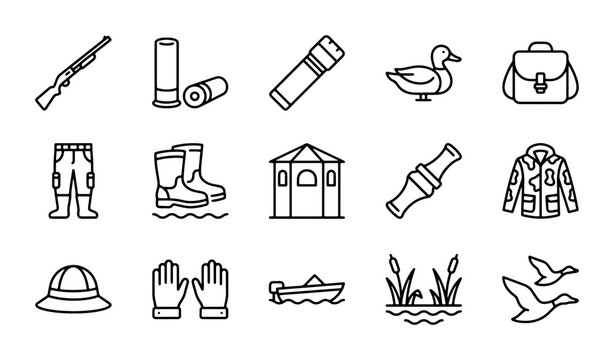 Hunting Icons Set: Duck, Shotgun, Gear, Boots, Blind, Vector Graphics for Outdoor Sports