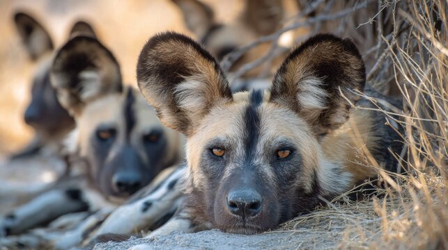 African Wild Dogs Relaxing in Dry Grassland