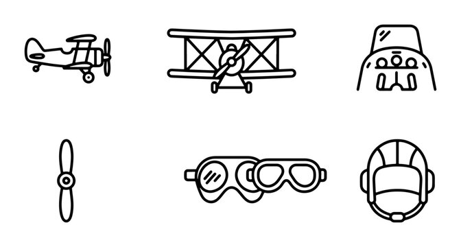 Vintage Aviation Icons, Biplane Propeller, Pilot Goggles, Helmet, Cockpit Dashboard, Retro Aircraft Elements