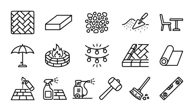 Paving and Outdoor Living Icons: Bricks, Stones, Furniture, Tools, and Decor