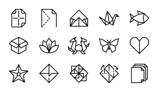 Origami Icons Set, Folded Paper Art Symbols, Geometric Shapes, Crafting & Creativity Vector Graphics