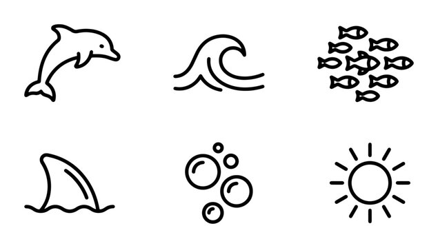 Ocean Icons Set: Dolphin, Wave, Fish School, Shark Fin, Bubbles, Sun Graphics